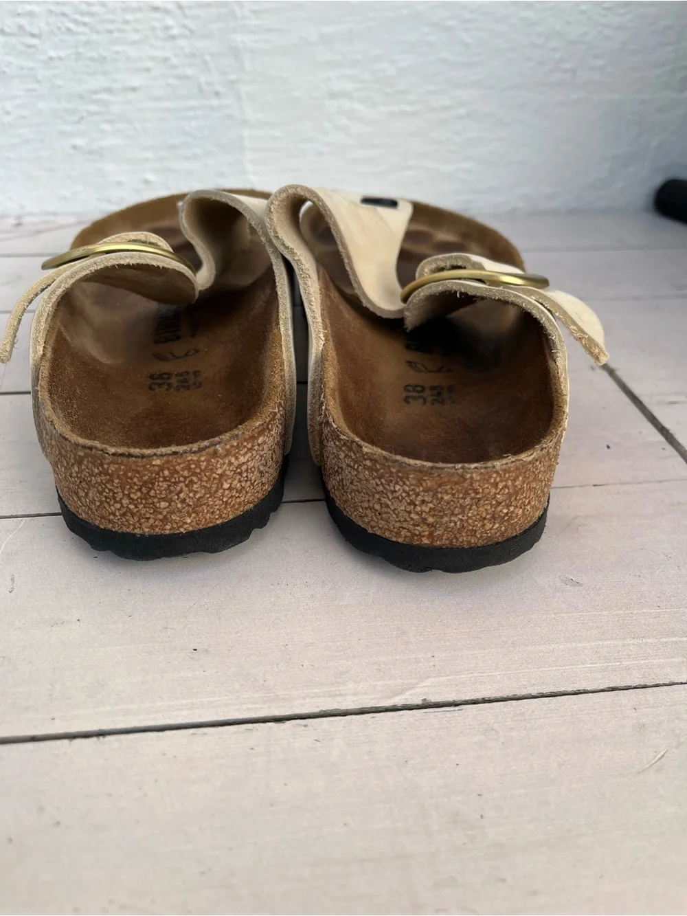 Birkenstock White Suede Thong Sandals with Gold Buckles